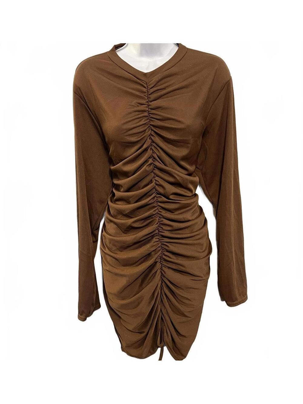 NWT PrettyLittleThing Brown Ruched Bodycon Dress Y2K Baddie Streetwear Mini 2XL